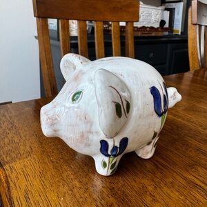 Vtg Hand-Painted White Ceramic Piggy bank made in Italy Floral  Art pottery